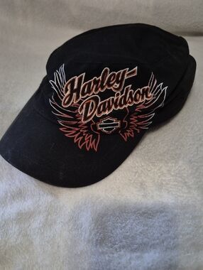 Harley-Davidson Flat Top Black Cap with Orange and White Embroidery